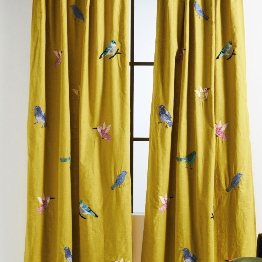 Bird Embroidered Yellow Linen Curtains